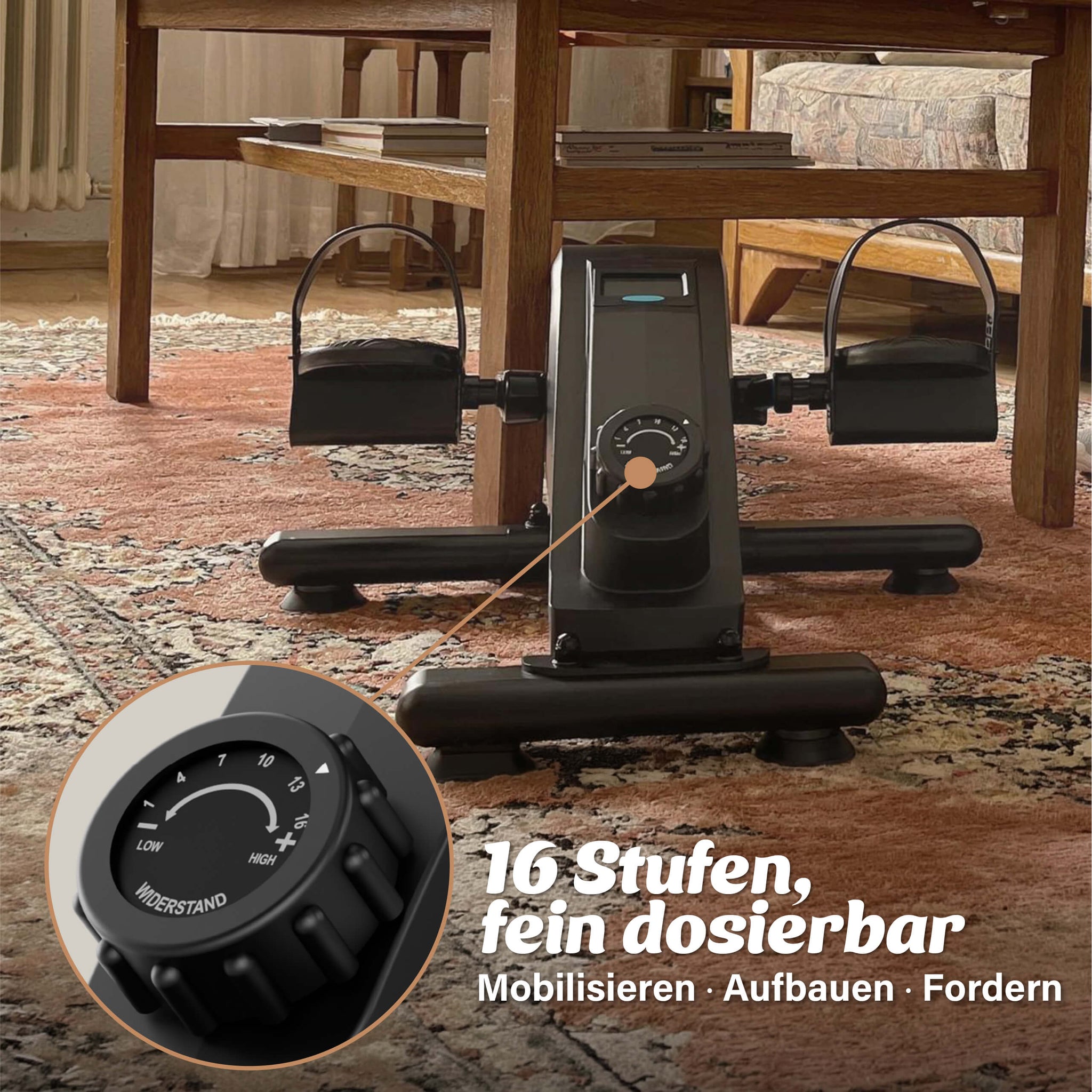 Drehregler des Beintrainers mit 16 fein dosierbaren Widerstandsstufen