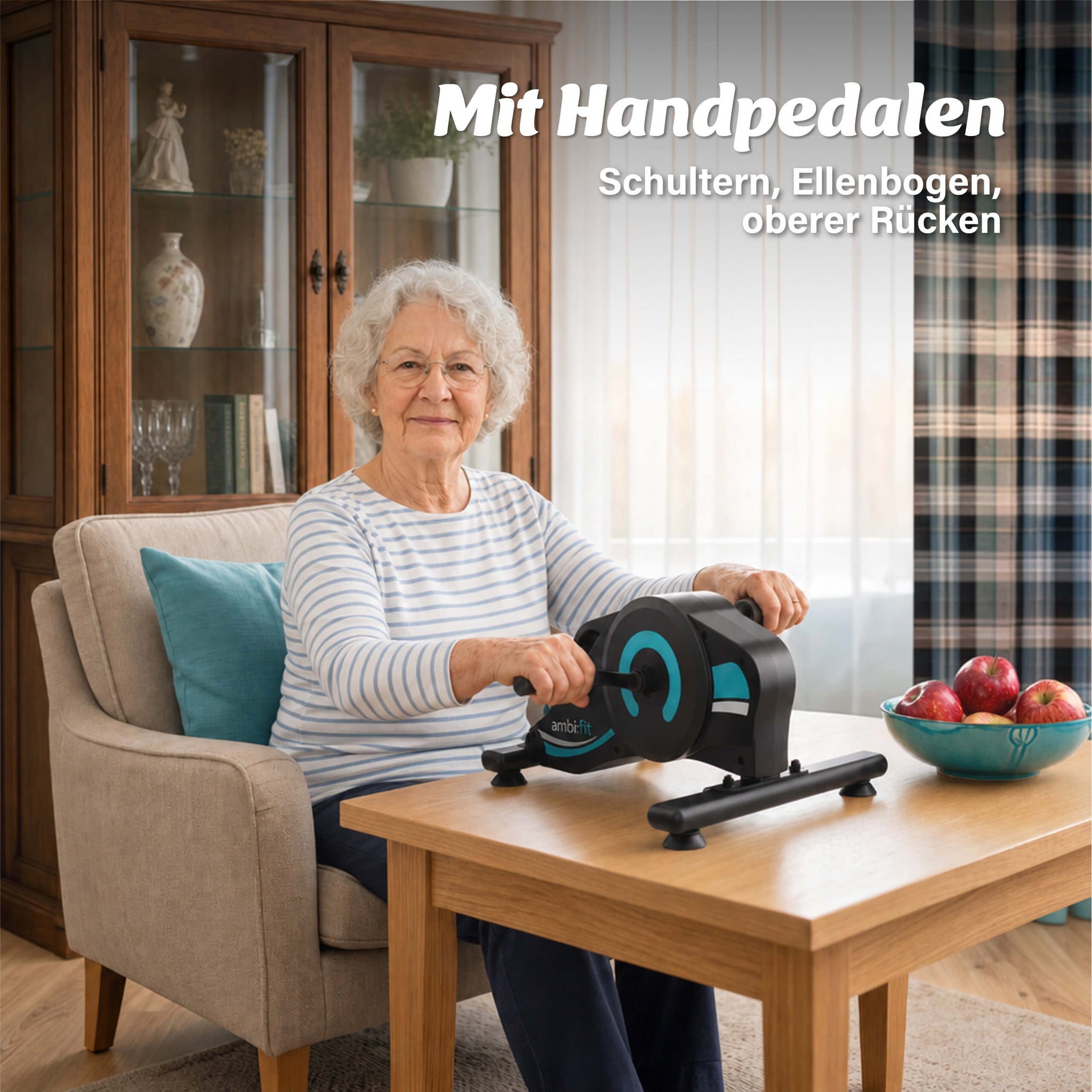 Pedaltrainer als Armtrainer mit Handpedalen auf dem Tisch