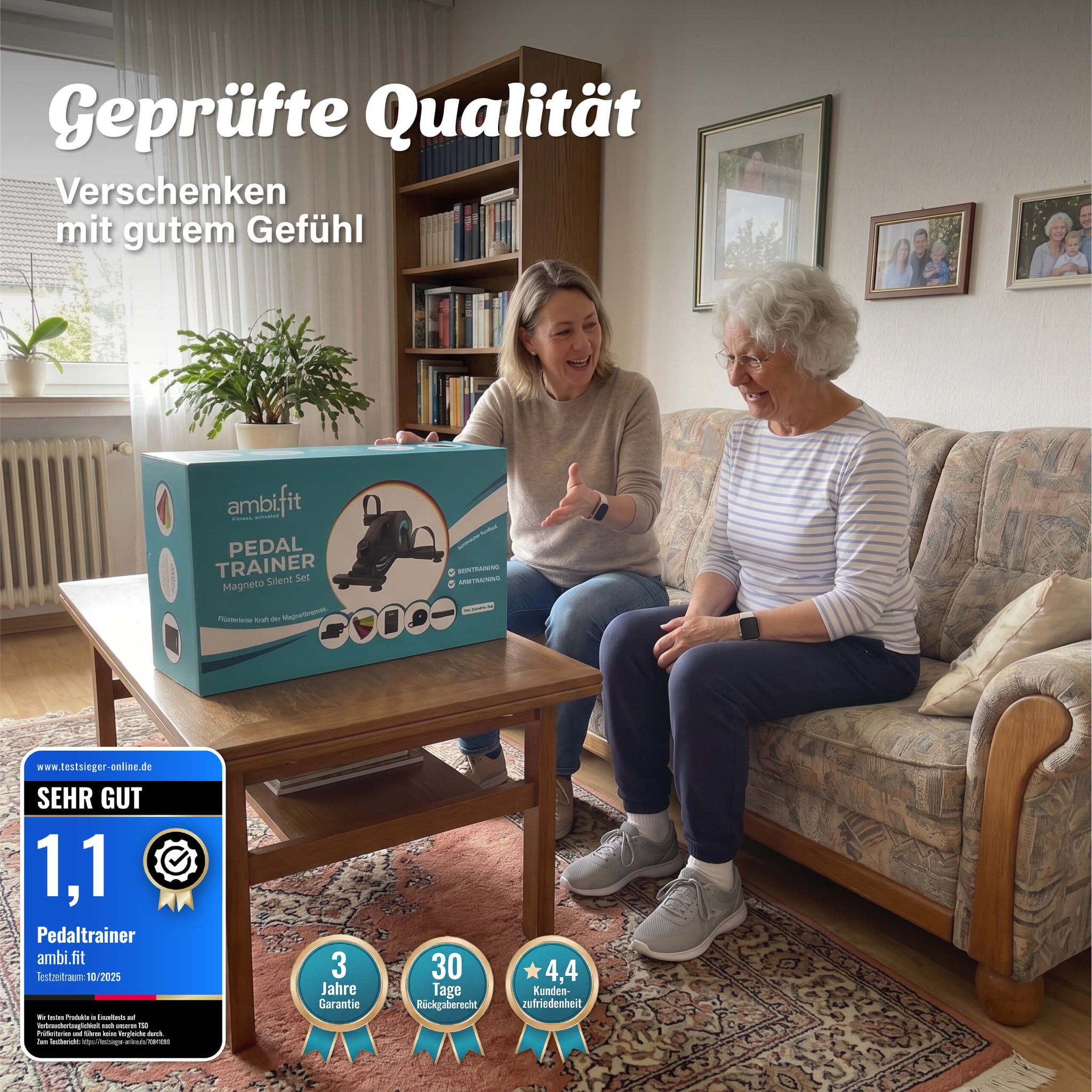 Pedaltrainer mit SEHR GUT 1,1 getestet, drei Jahre Garantie und 30 Tage Rückgaberecht