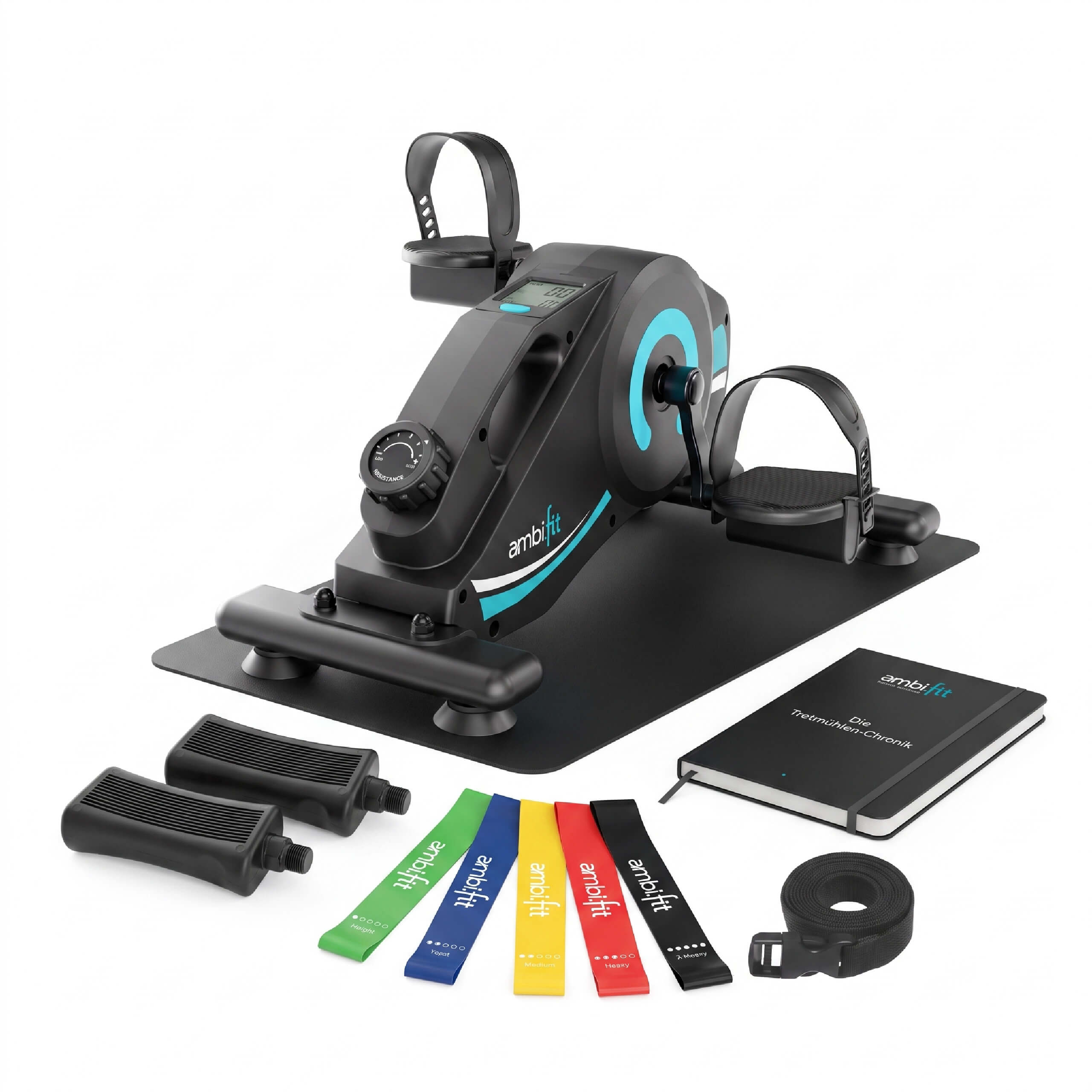 Pedaltrainer Magneto Silent Set von ambi.fit mit Handpedalen, Fitnessbändern und Trainingsjournal