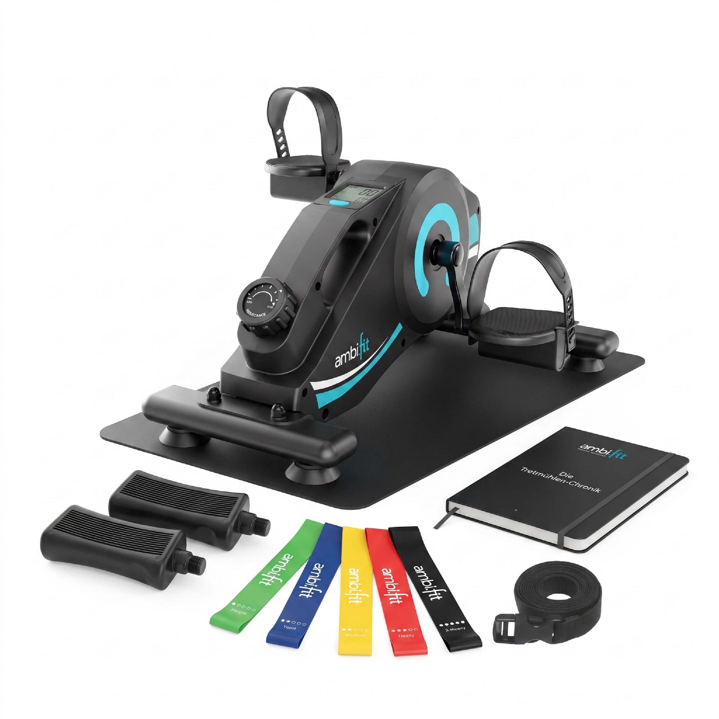 Pedaltrainer Magneto Silent Set von ambi.fit mit Handpedalen, Fitnessbändern und Trainingsjournal