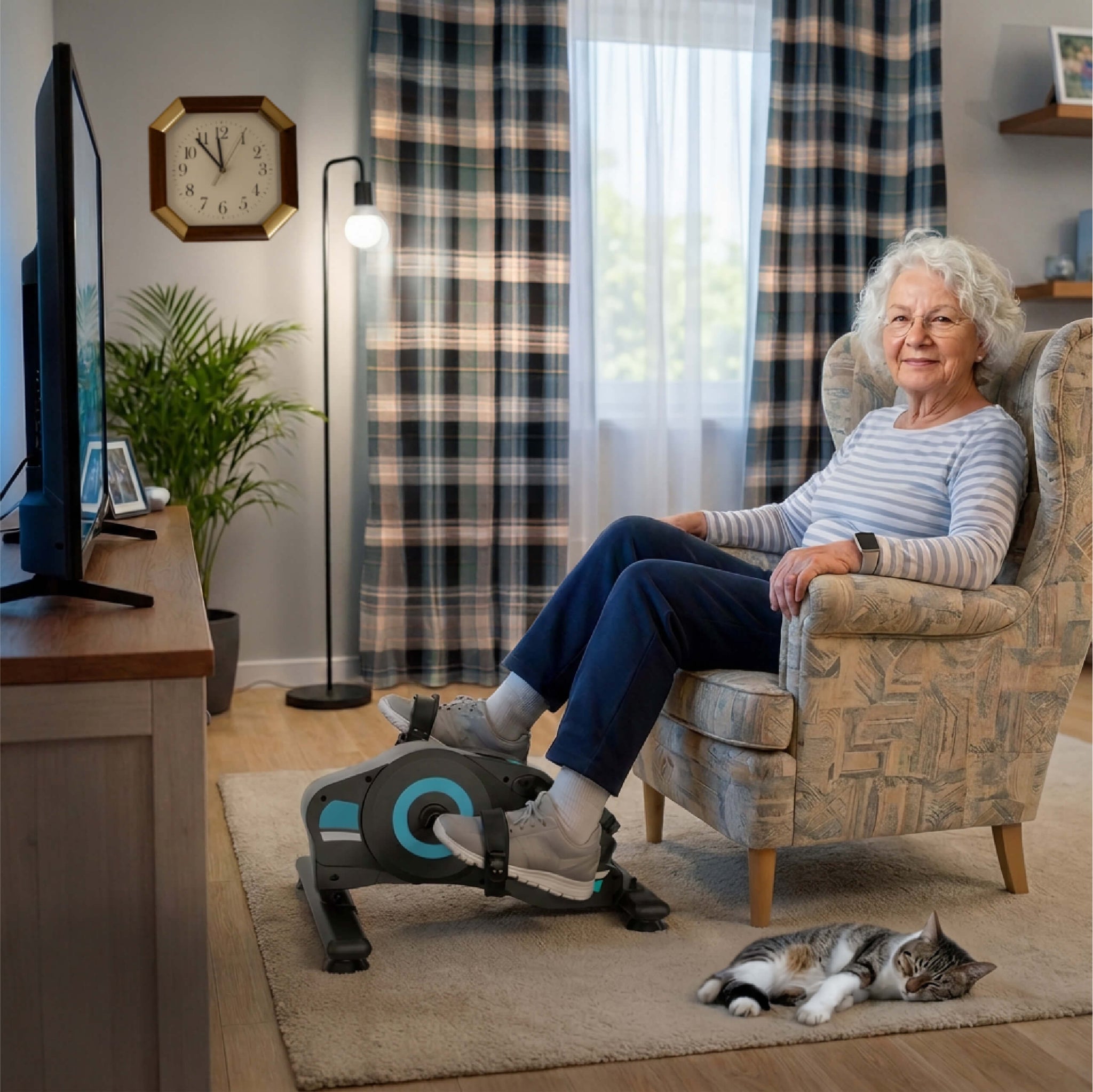 Seniorin nutzt den Pedaltrainer für Senioren bequem im Sessel vor dem Fernseher