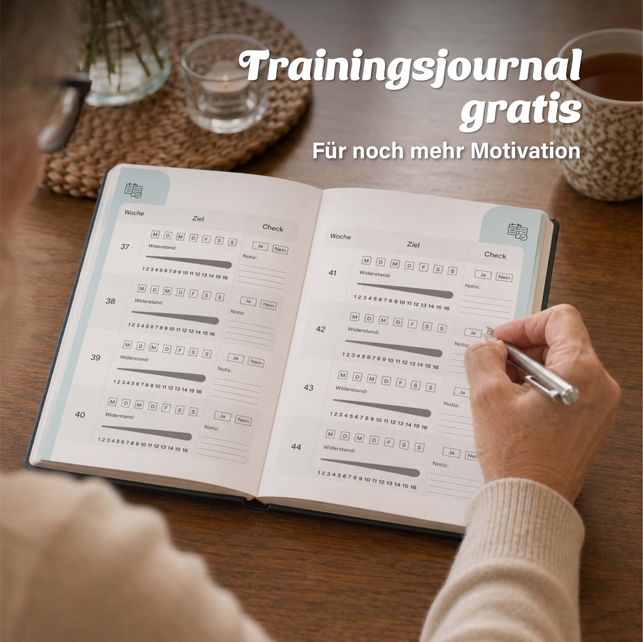 Trainingsjournal Tretmühlen-Chronik mit Wochenziel-Check und Workout-Log aus dem Pedaltrainer-Set