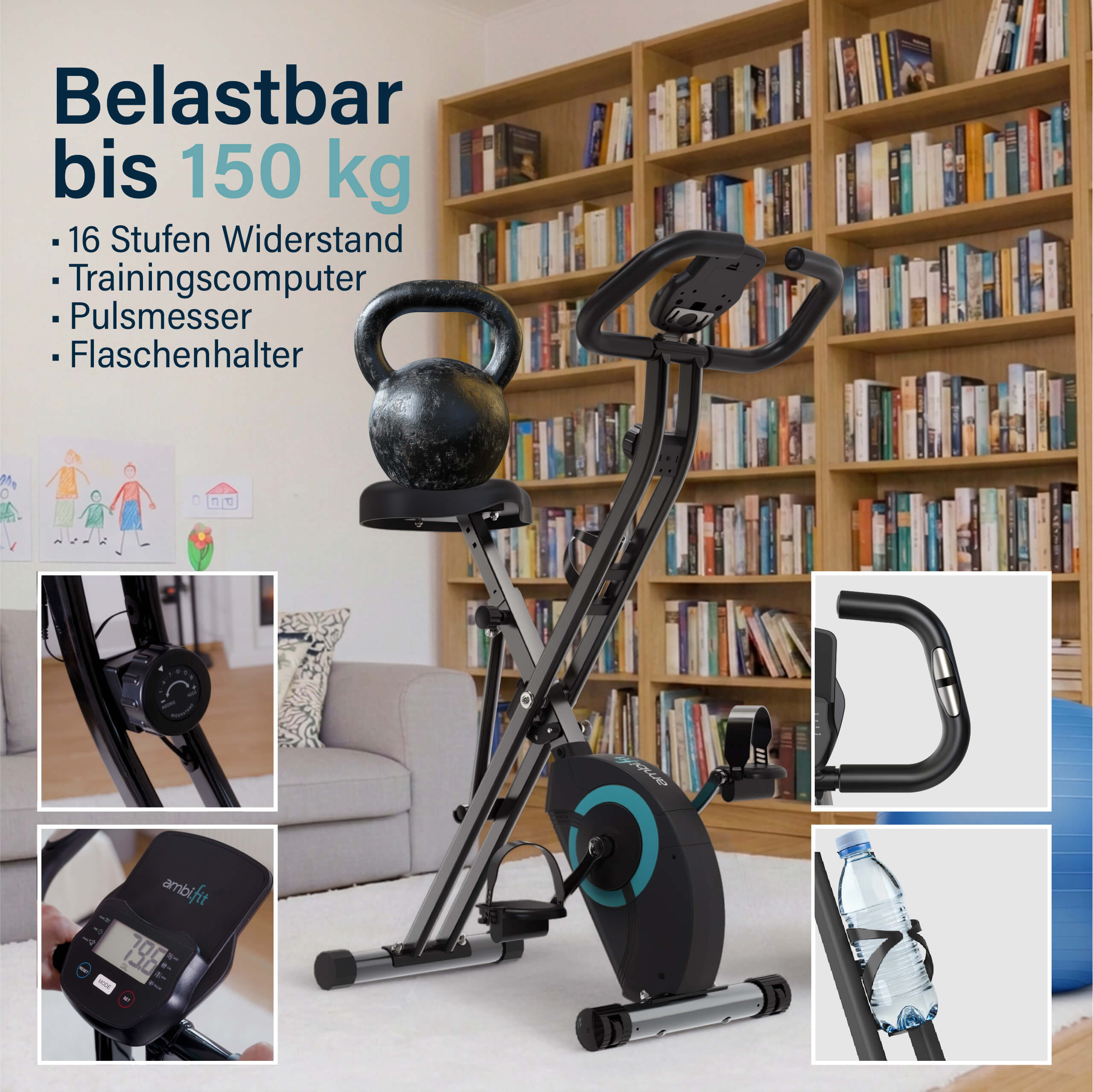 Stabiler klappbarer Heimtrainer, belastbar bis 150 kg, wackelfreies Training