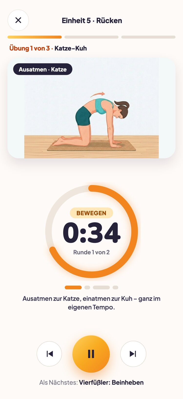 App-Screen: Übung Katze-Kuh mit Timer und Atemanleitung